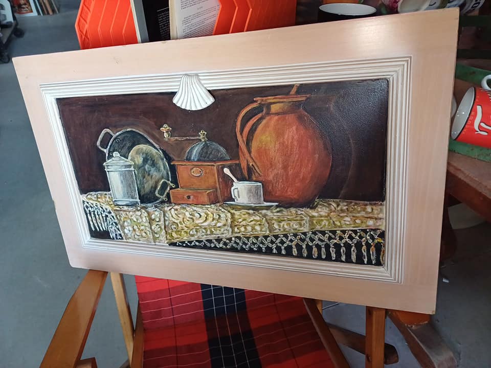 Peinture à l'huile sur bois Décors motifs vintages  Cadre 70x43cm avec petits défauts d'aspect  Peinture 55x28cm bon état