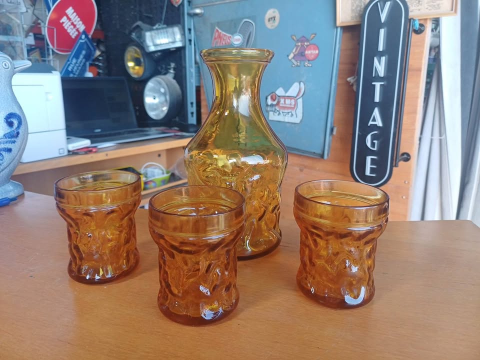 Service Carafe et 3 Verres Ambre "BRF" Vintage