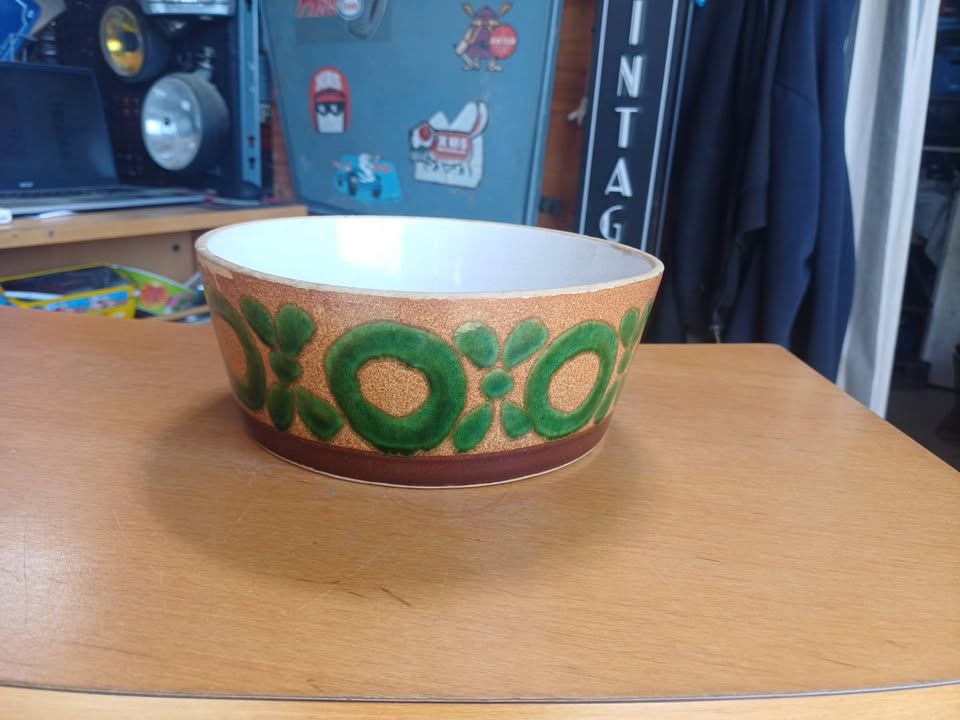 Saladier / Bol Vintage Céramique – Motif Géométrique Vert – Années 70