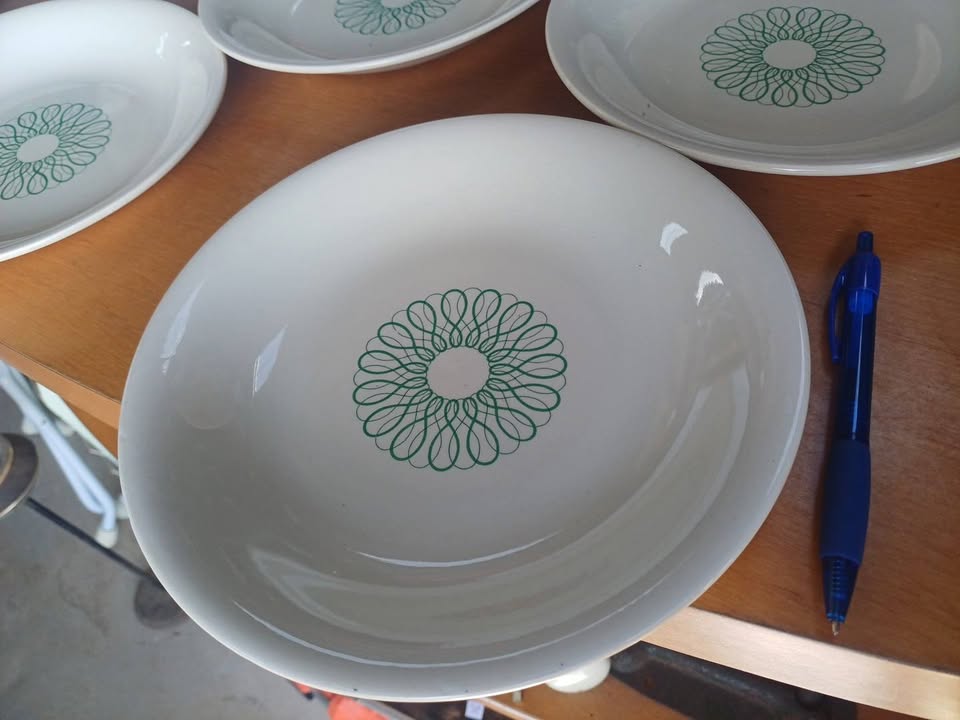 4 Assiettes creuses vintage Salins France - Motif Rosace Verte - Ø 22cm