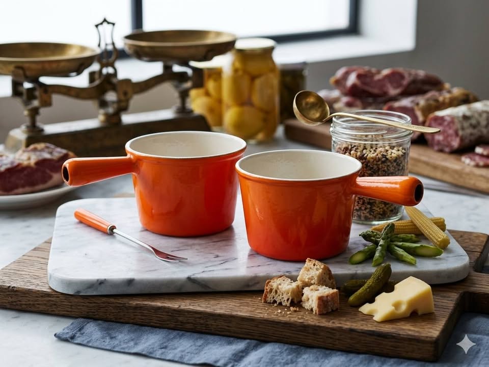 Paire de Poêlons à Fondue LE CREUSET - Fonte Émaillée Orange - Vintage