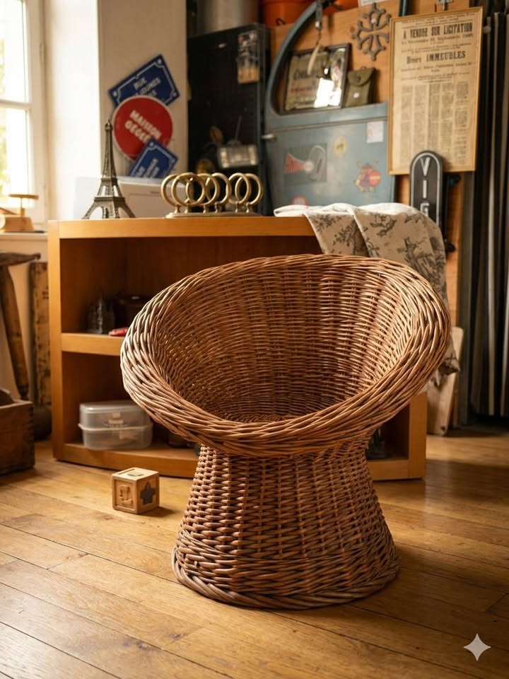 Fauteuil enfant vintage en rotin – Style Corbeille / Diabolo