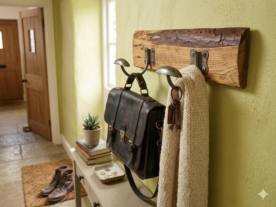 Patère vintage bois massif et métal – Style Industriel / Campagne