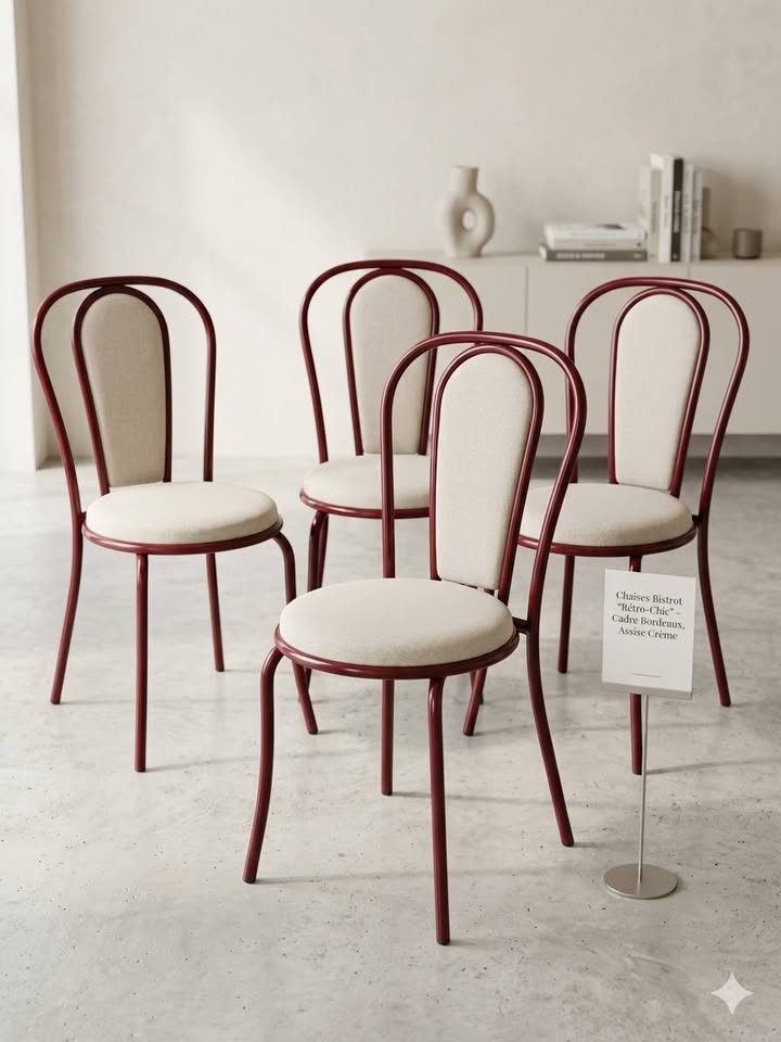 Lot de 5 Chaises de Bistro Vintage – Structure Métal Bordeaux – Style Thonet