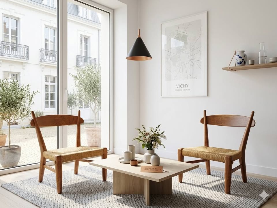 Paire de Chaises Basses Vintage Paille et Bois Brutaliste 1950