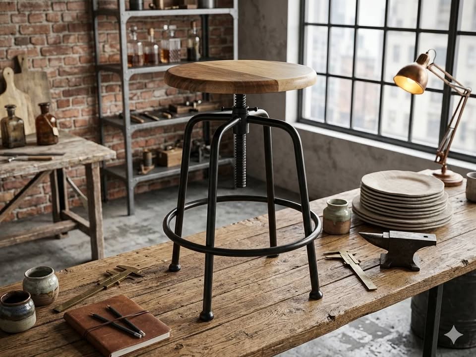 Tabouret de bar industriel réglable – Bois & Métal – État Neuf