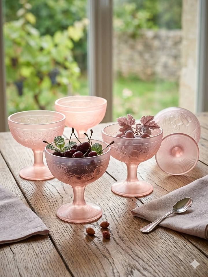Magnifiques Coupes à Dessert en Verre Opale Rose – Décor Cerises/Vigne – "FRANCE"