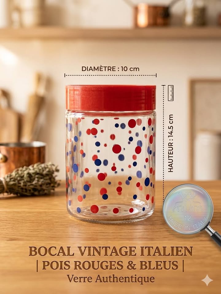 Joli bocal vintage à pois rouges et bleus - Made in Italy
