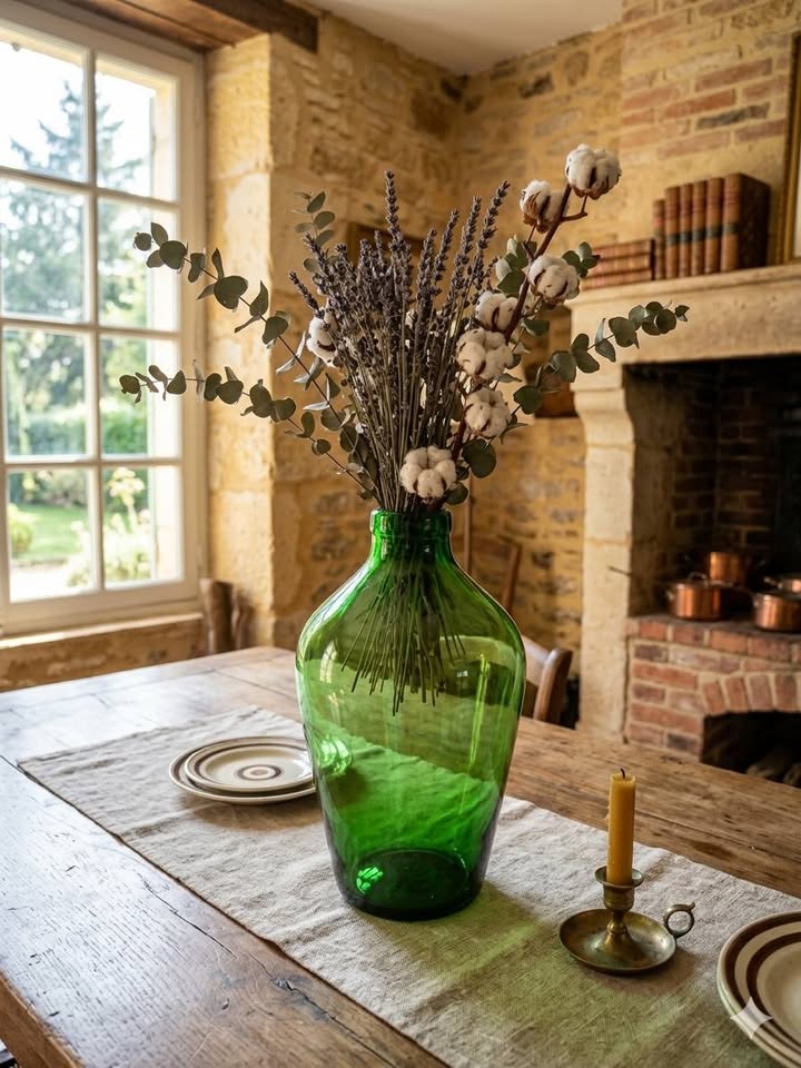 Magnifique Dame-Jeanne / Vase en verre soufflé artisanal – Vert Émeraude – 27,5 cm