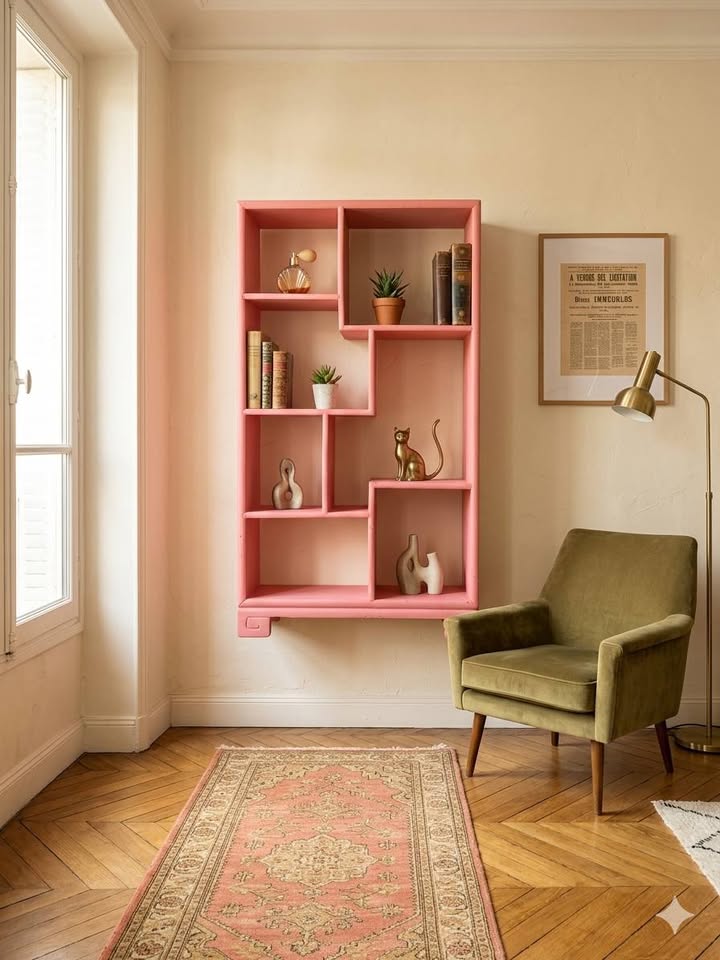 Petite étagère asymétrique en bois rose – Style Vintage / Pop