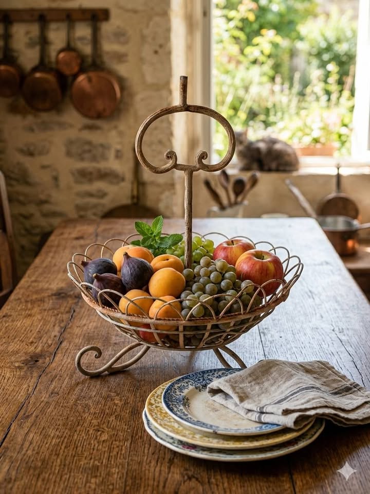 Ancienne corbeille à fruits en fil de fer forgé - Déco Campagne / Shabby chic