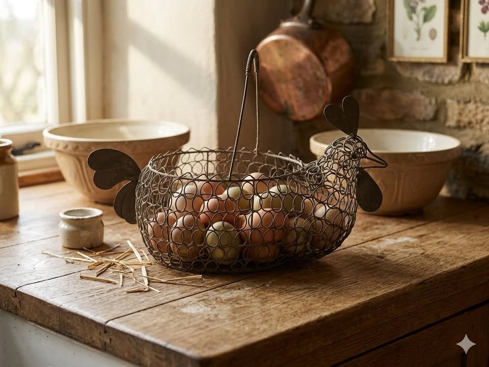 Ancien panier à œufs en fil de fer "Poule" vintage – Déco Brocante Cuisine