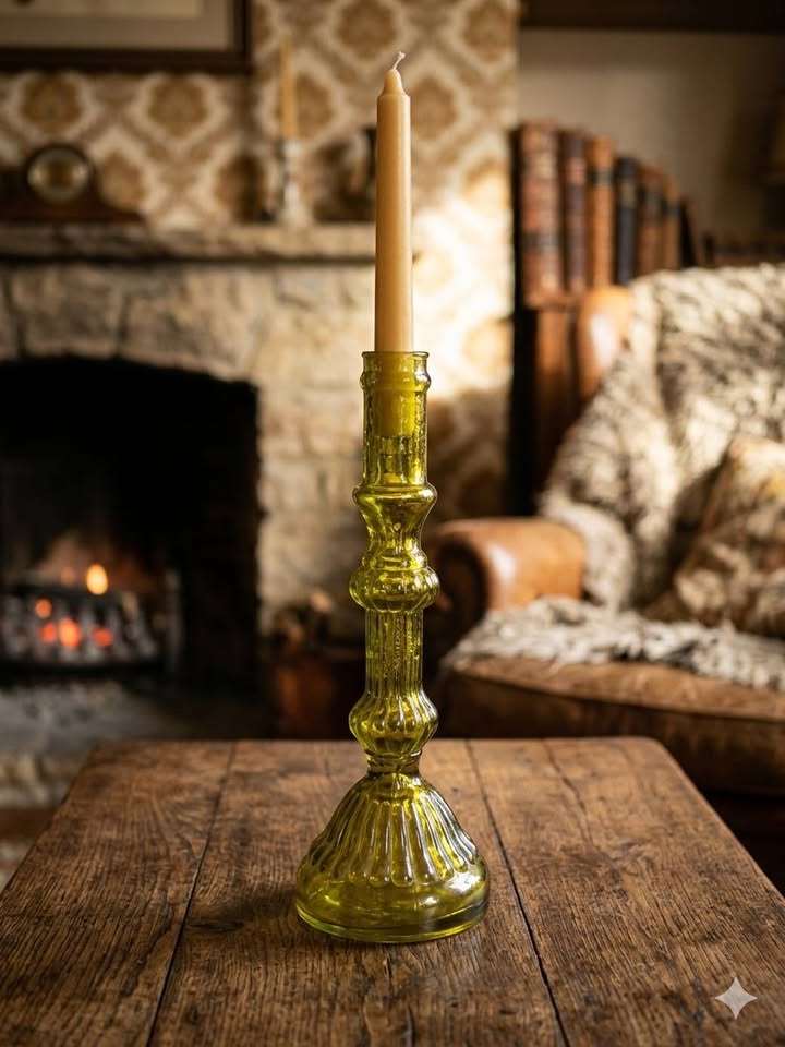 Grand bougeoir vintage en verre moulé vert olive / jaune ambré - 34,5 cm