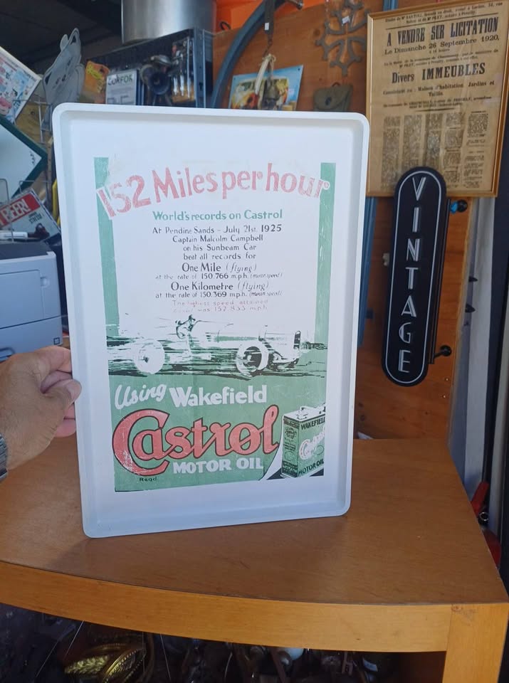 Plateau publicitaire vintage Castrol – Record de vitesse 1925 – Décat Paris