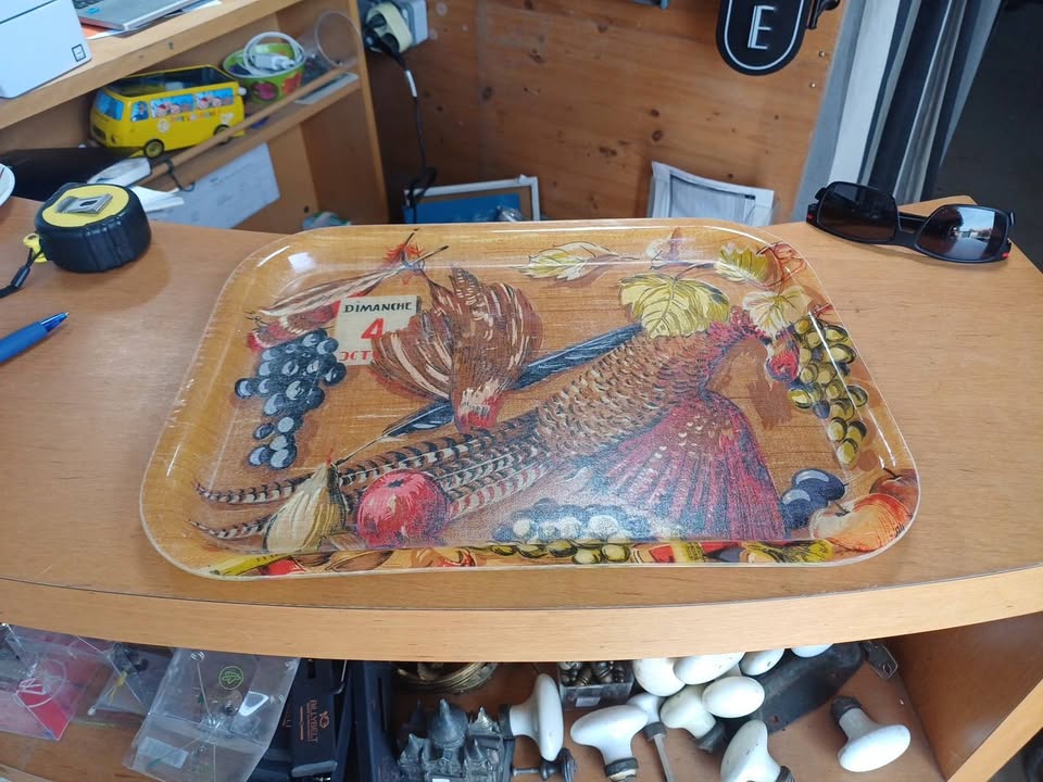 Ancien Plateau Bistrot  / Fibre de Verre Faisan - Déco Vintage Années 60