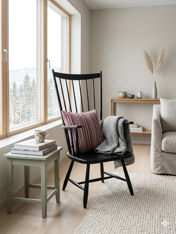 Fauteuil Windsor vintage noir – Haut dossier & coussin