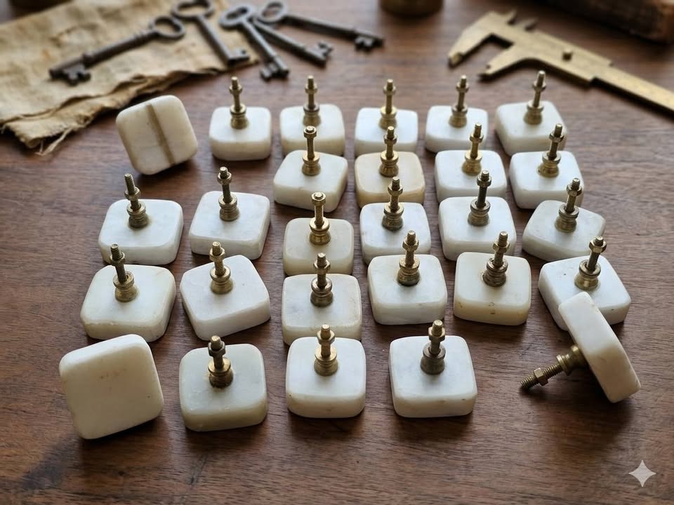 Lot de 26 boutons de meubles anciens en marbre blanc