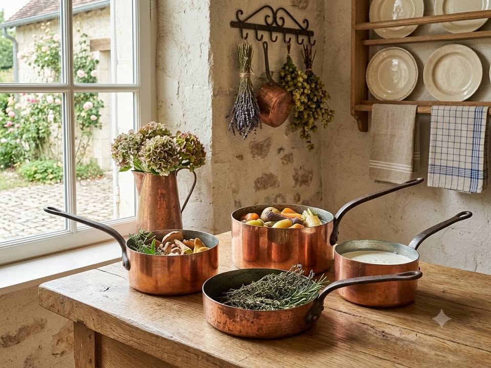 Série de 4 Casseroles en Cuivre Véritable Vintage – Queues en Fonte