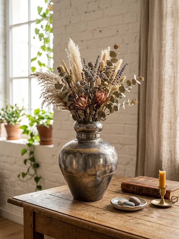 Ancien Vase Jarre en Métal Brut et Soudures Laiton – Déco Brocante / Loft