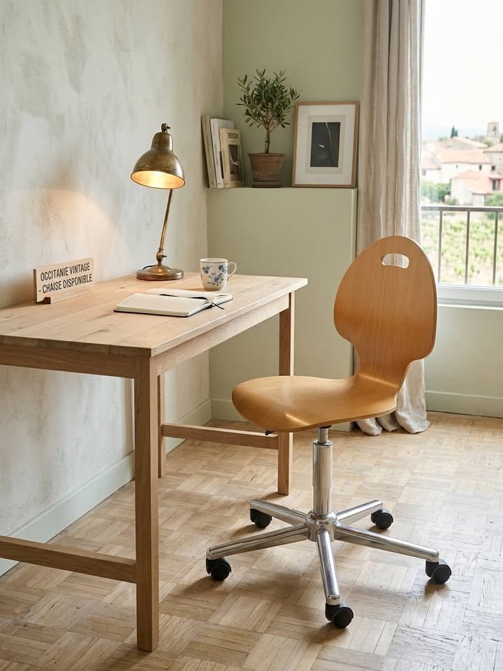 Chaise de bureau design vintage en bois thermoformé et chrome