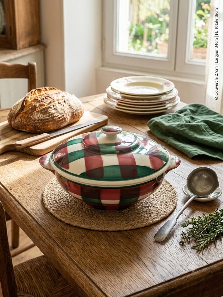 Soupière ancienne Écossais / Vichy - Faïencerie Nouvelle Givors - Vintage 1950