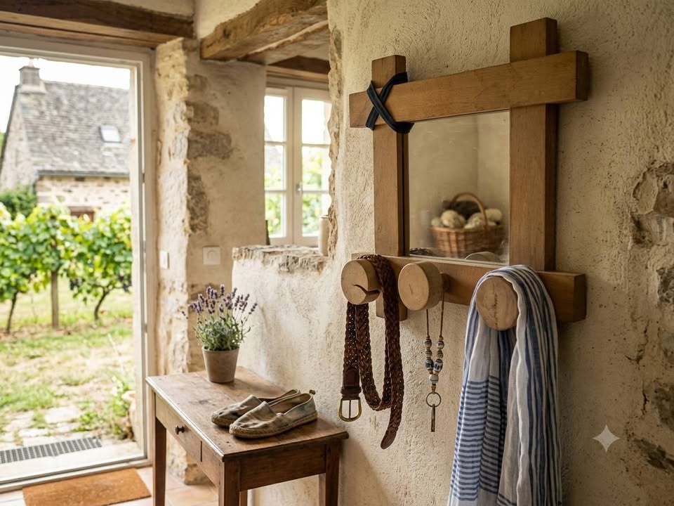 Ancien Miroir Porte-Manteau en Bois Massif – 3 Patères – Style Brutaliste / Vintage