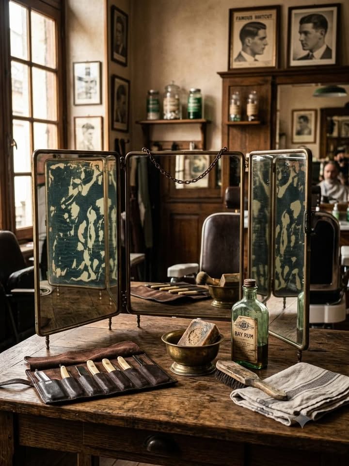 Ancien miroir triptyque de barbier / coiffeur en laiton - Début XXe