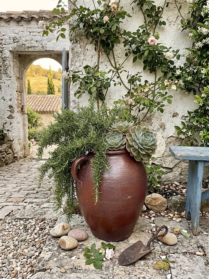Ancienne jarre en terre cuite vernissée vintage - Pot de jardin / Déco rustique