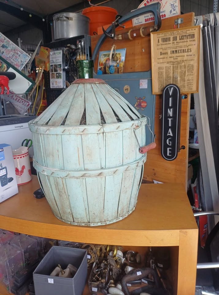 Ancienne Dame-Jeanne / Bonbonne en verre et panier lattes de bois vintage (20-25L)