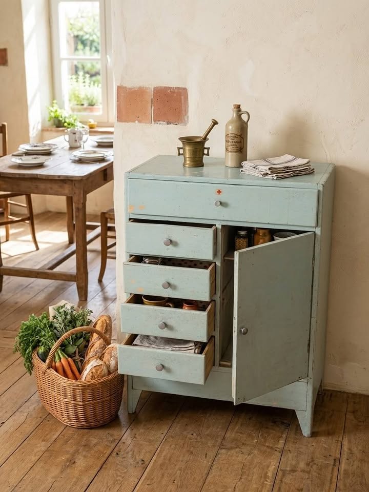 Meuble de métier / Ancien chiffonnier vintage bleu céladon
