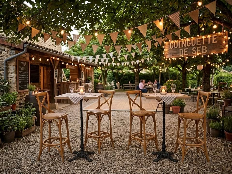 Tables hautes mange-debout pied fonte & Tabourets de bar style bistro
