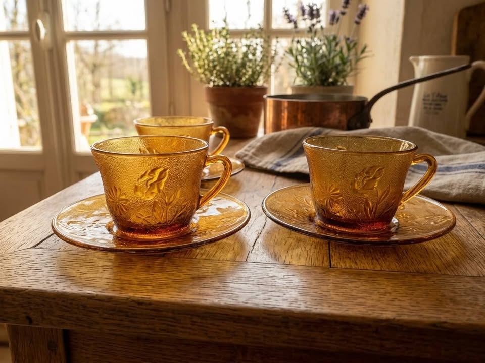 Service tasses à café vintage verre ambré fleur d'oranger - France