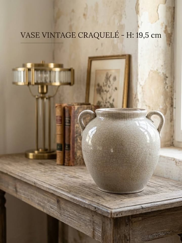 Vase / Pot à anses en céramique émaillée craquelée vintage - H 19,5 cm