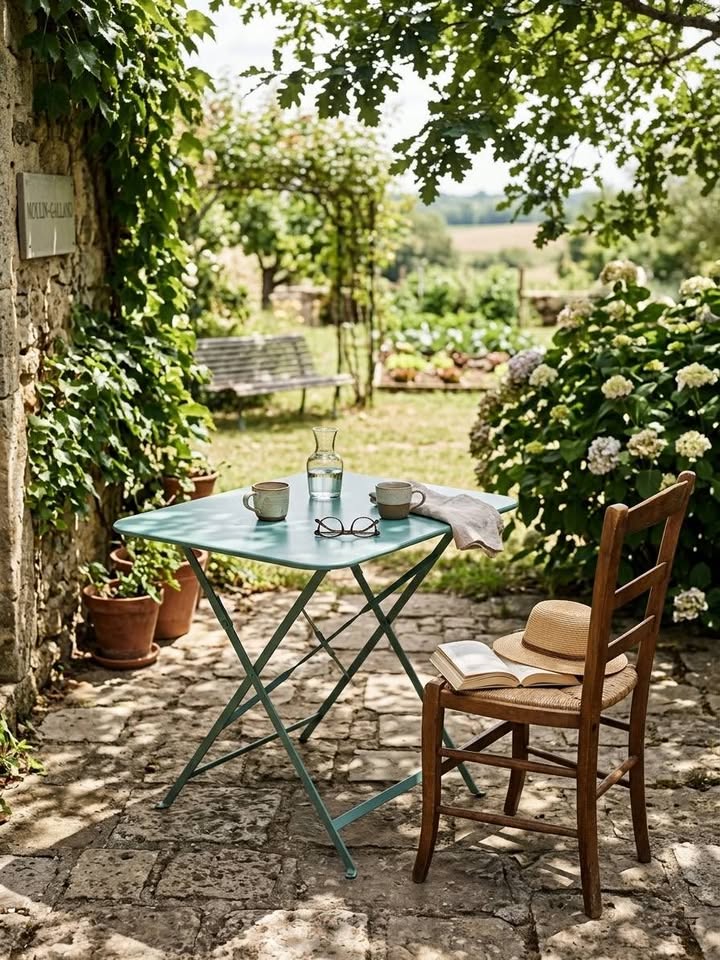 Table pliante en métal Moulin-Galland (Groupe Fermob) – authentique table pliante d’extérieur en métal laqué de couleur vert d'eau / céladon.