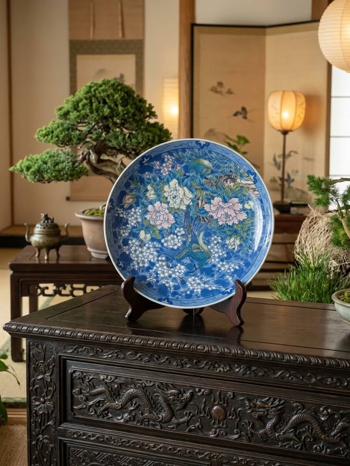 Grande assiette décorative murale en porcelaine du Japon – Oiseaux & Pivoines