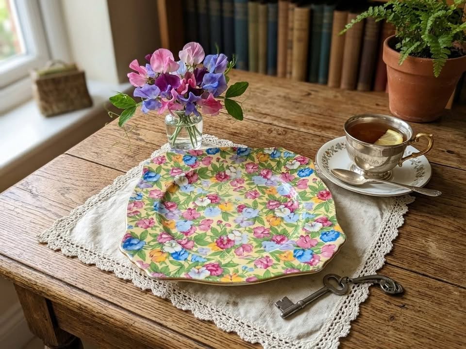 Assiette carrée faïence anglaise Royal Winton "Sweet Pea" – Décor Chintz floral vintage