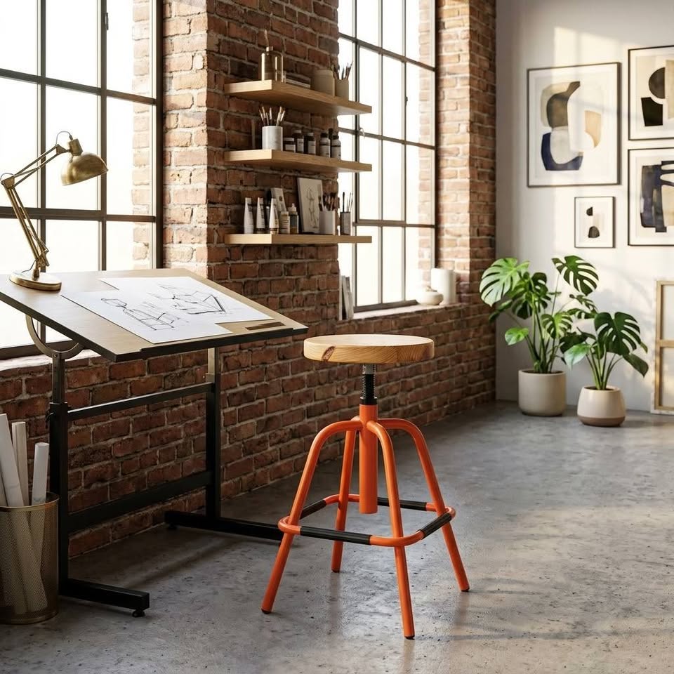 Tabouret d'atelier vintage réglable orange assise bois massif