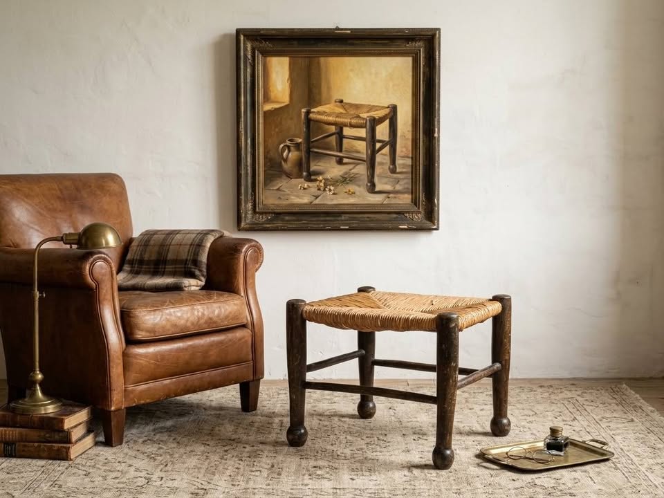 Petit tabouret rustique vintage en bois et paille
