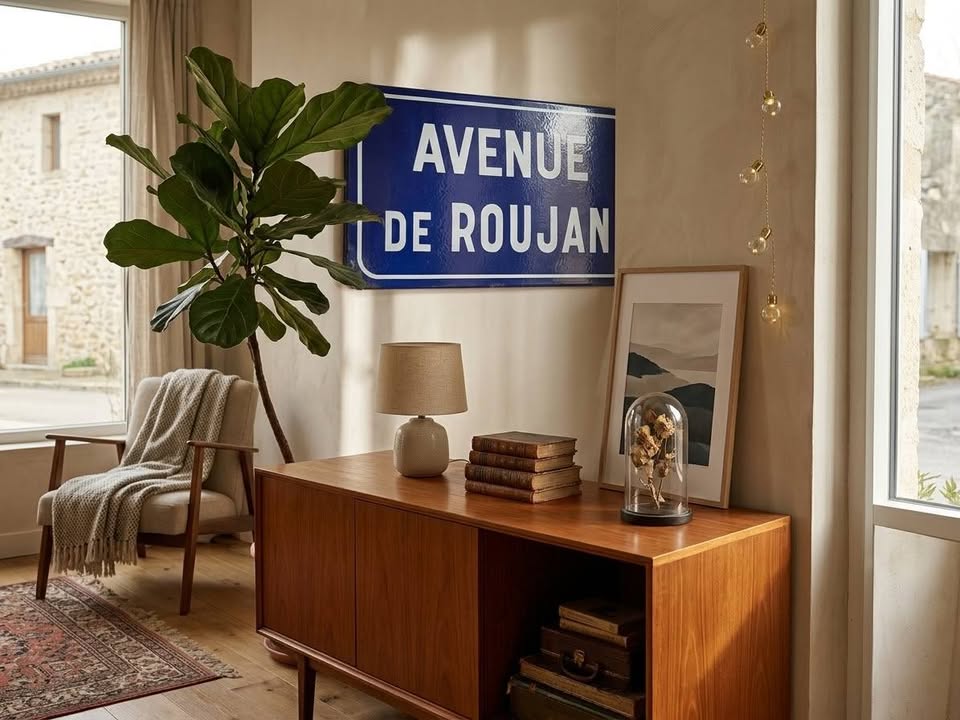 Plaque émaillée de rue ancienne "Avenue de Roujan" – Déco vintage / Bistrot