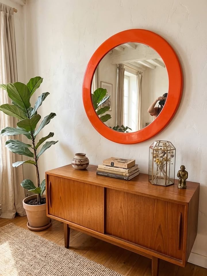 Miroir rond orange vintage SYLA – Pop Art / Space Age années 70 – Ø 46 cm