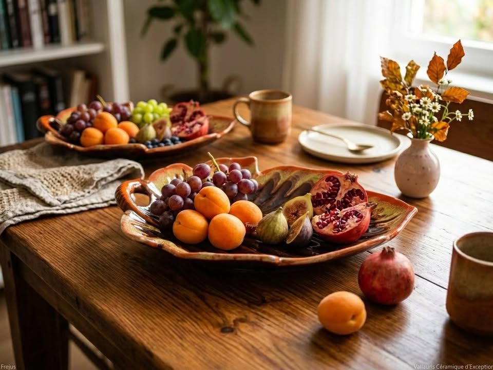 Grand plat feuille céramique Vallauris vintage 70s - Orange & Marron