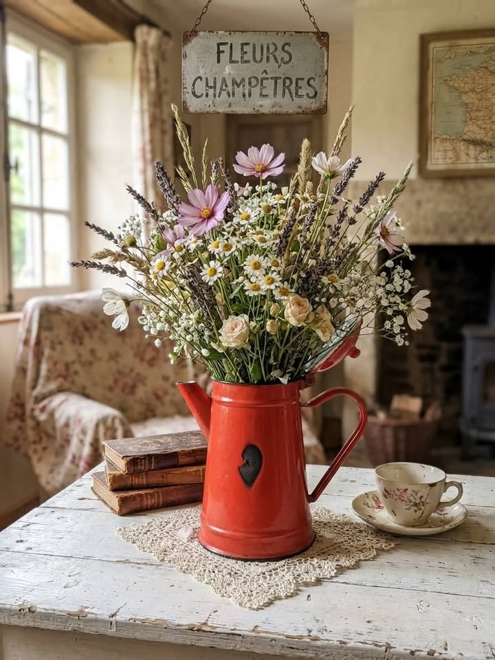 Ancienne cafetière en tôle émaillée rouge vintage / Verseuse rétro