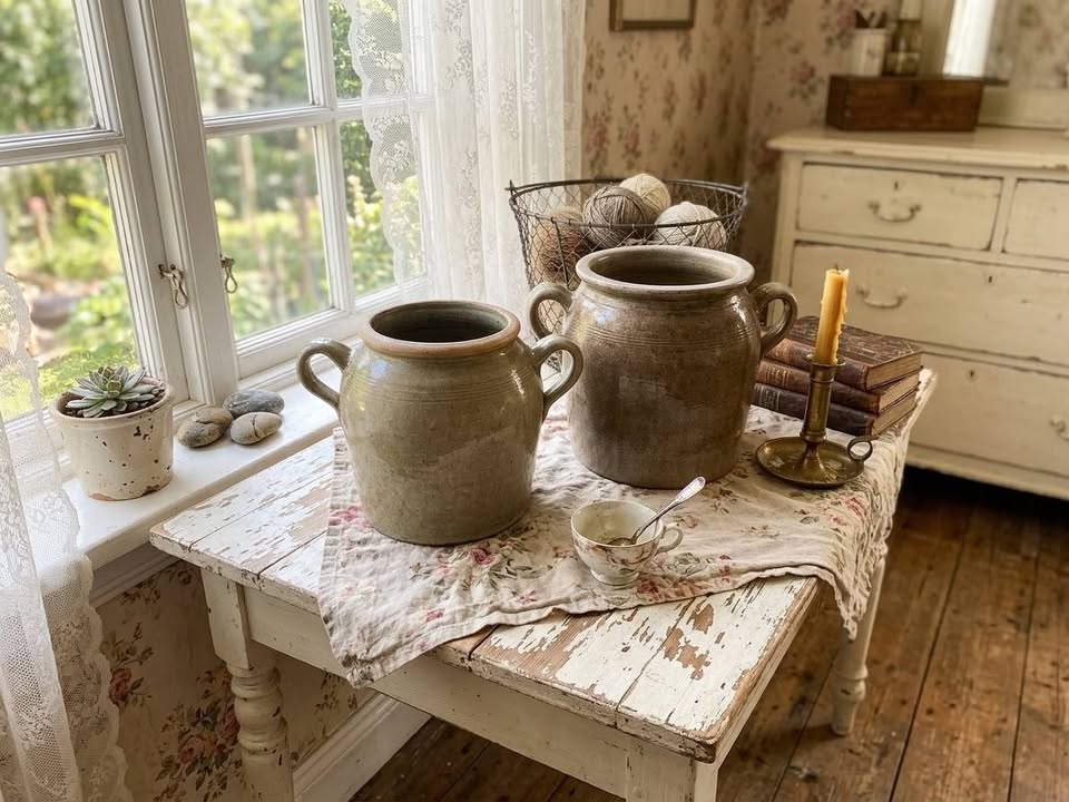 Pots à Graisse Anciens en Grès Verni / Pots à Oreilles Vintage
