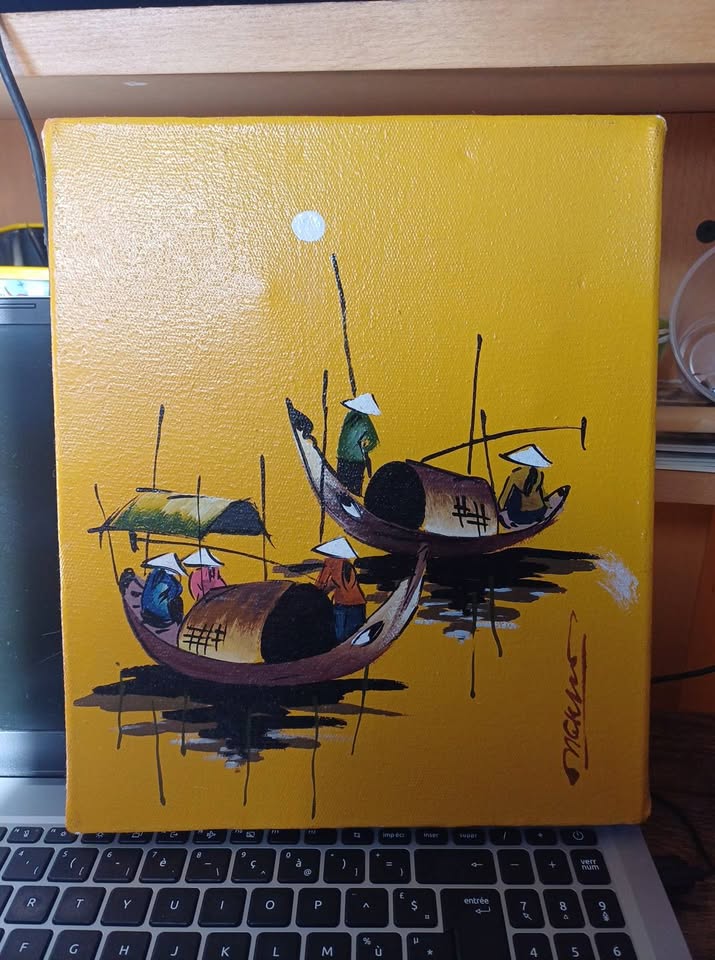 Tableau peinture vintage scène de pêcheurs asiatiques / Vietnam – Barques sur fond jaune