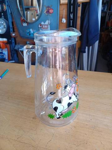 Vintage pichet carafe verre vache motif vache et fleurs oranges