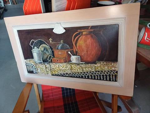 Peinture à l'huile sur bois Décors motifs vintages  Cadre 70x43cm avec petits défauts d'aspect  Peinture 55x28cm bon état