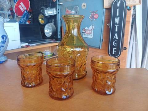 Service Carafe et 3 Verres Ambre "BRF" Vintage