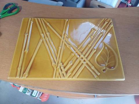 Plat / Vide-poche céramique vintage - Décor Bambou - Jaune moutarde