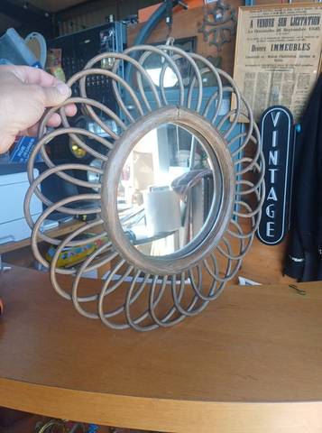 Miroir Soleil Vintage en Rotin - Diamètre 46 cm - Style Bohème / Années 60