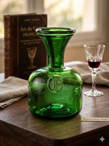 Carafe / Pichet vintage en verre bulle vert – Sceau Fleur de Lys style Empoli